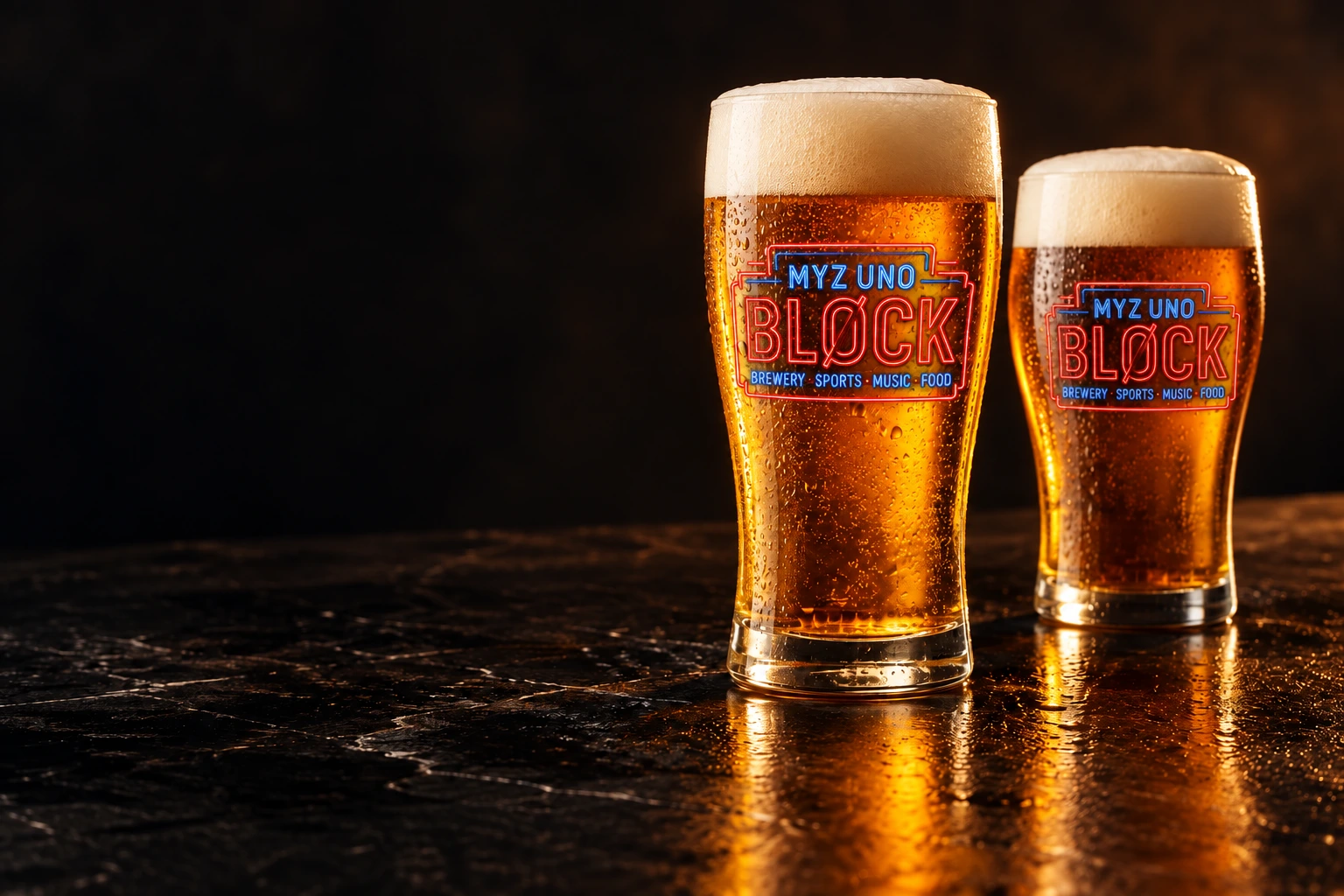 Illustrative still life of chilled amber beer glasses