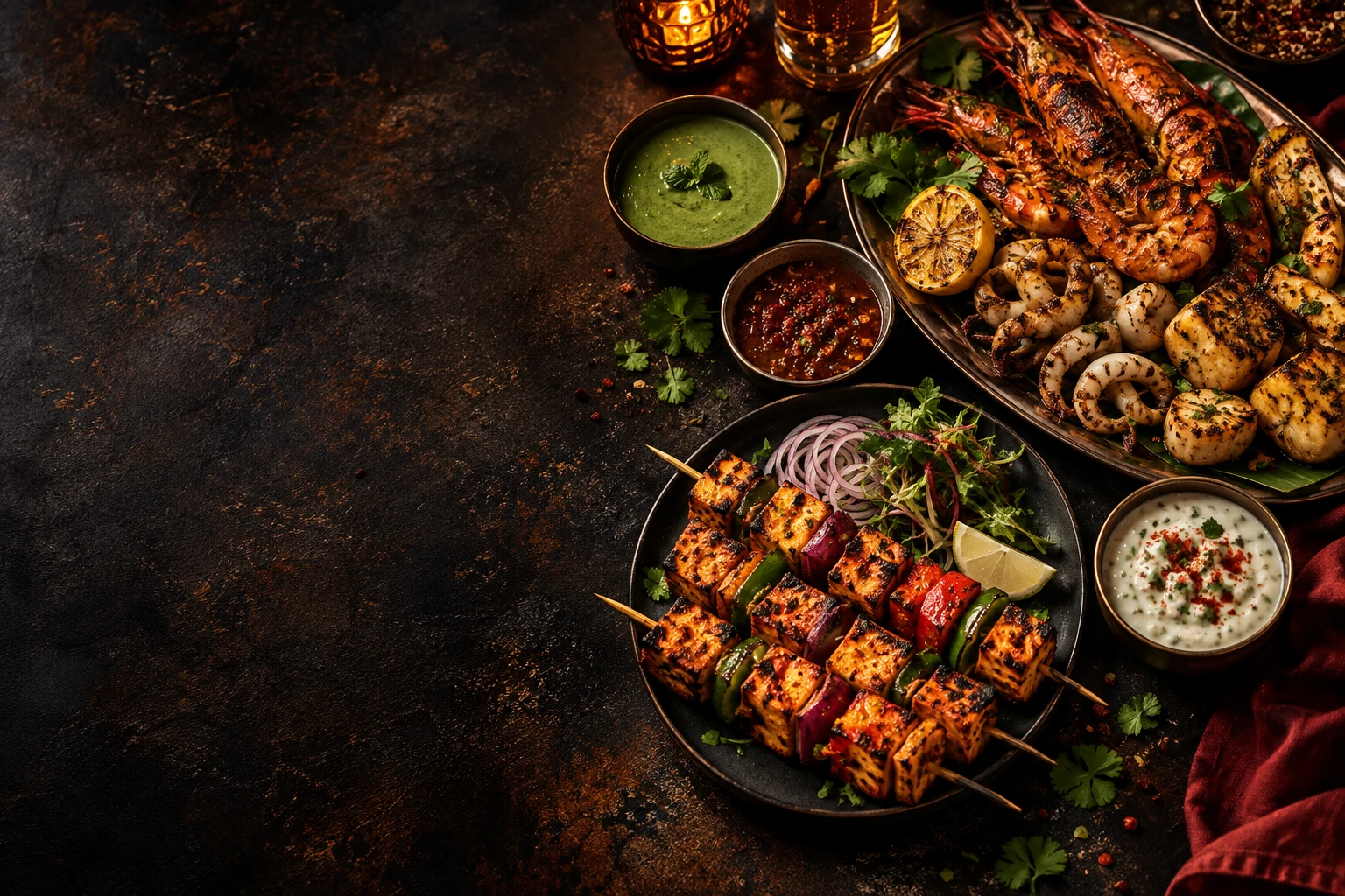 Illustrative tandoori and seafood sharing feast