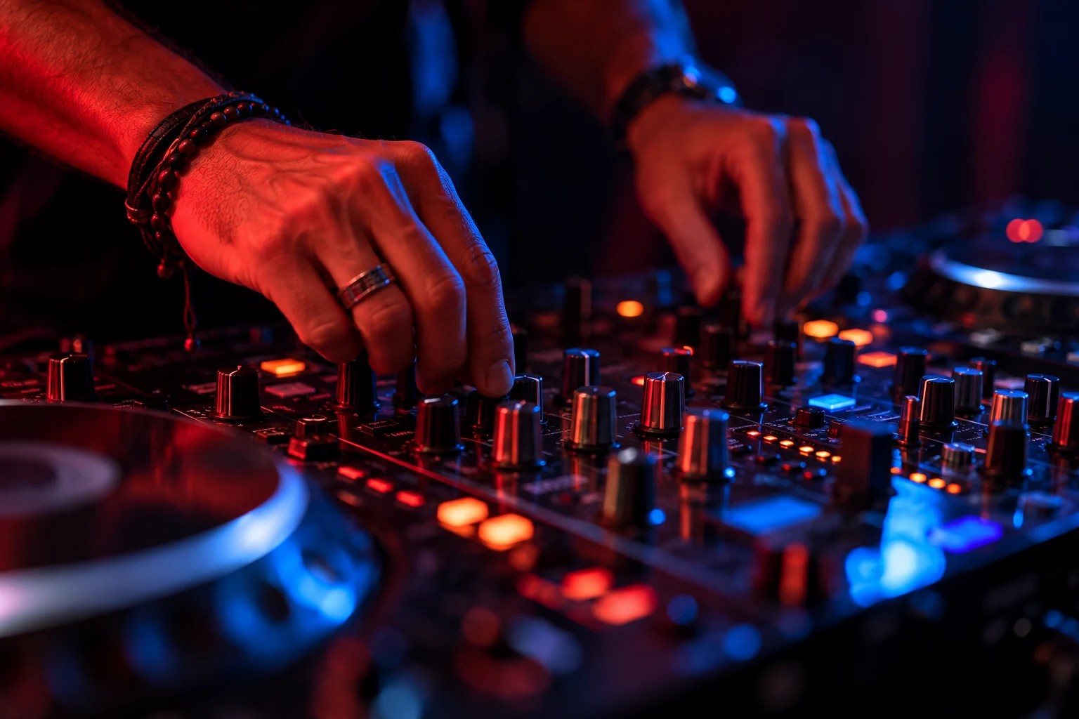 Illustrative close-up of a DJ mixing music