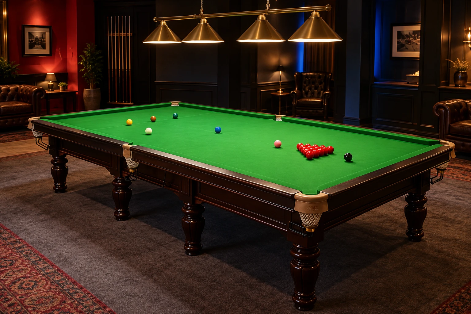 Illustrative full snooker table, shown with all edges and pockets visible