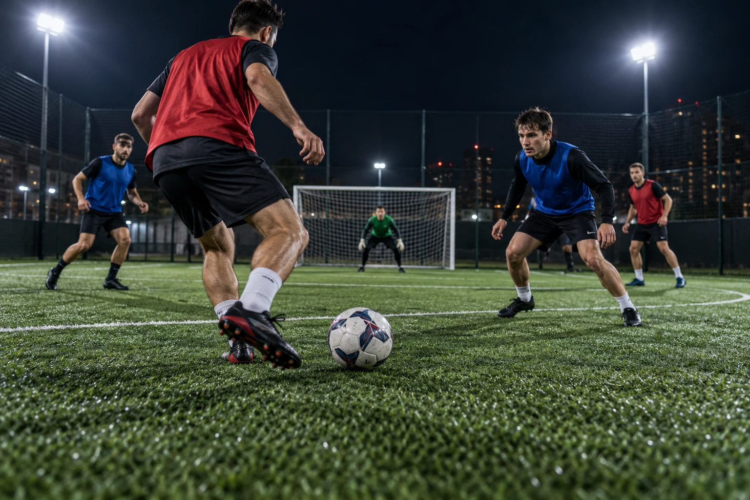 Illustrative floodlit turf football pitch with a goal and players